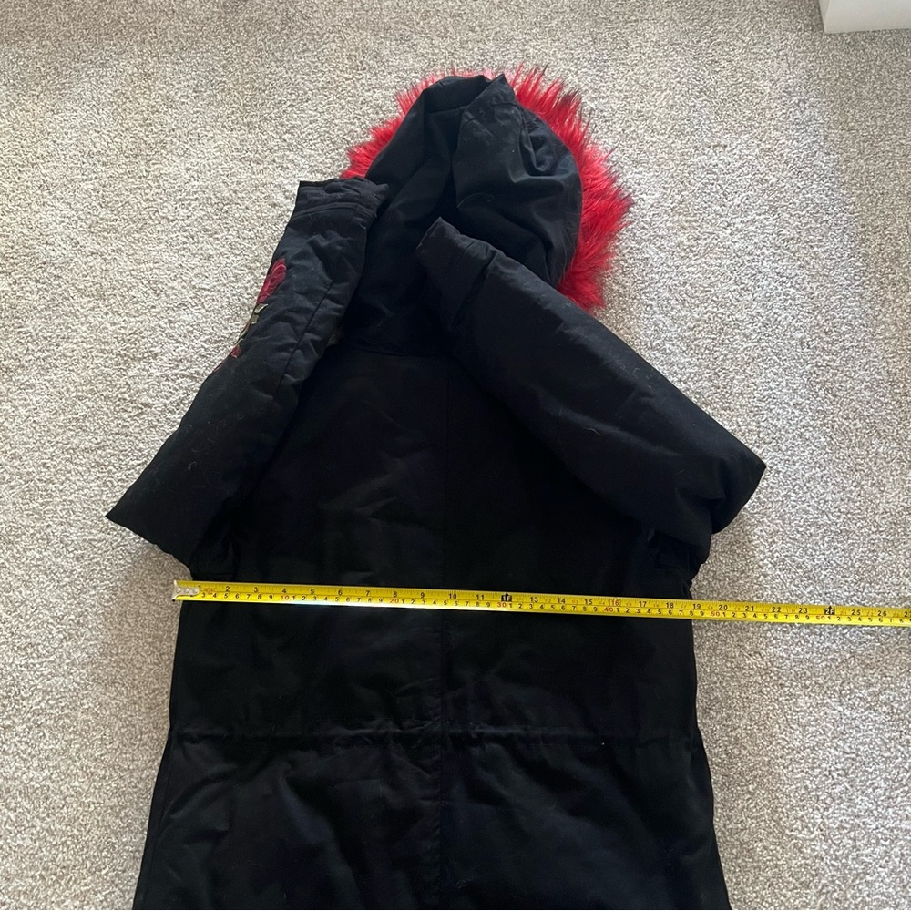 Y2K Rue 21 Black Floral Roses Embroidered Coat w Red Fur lined hood - Picture 15 of 16